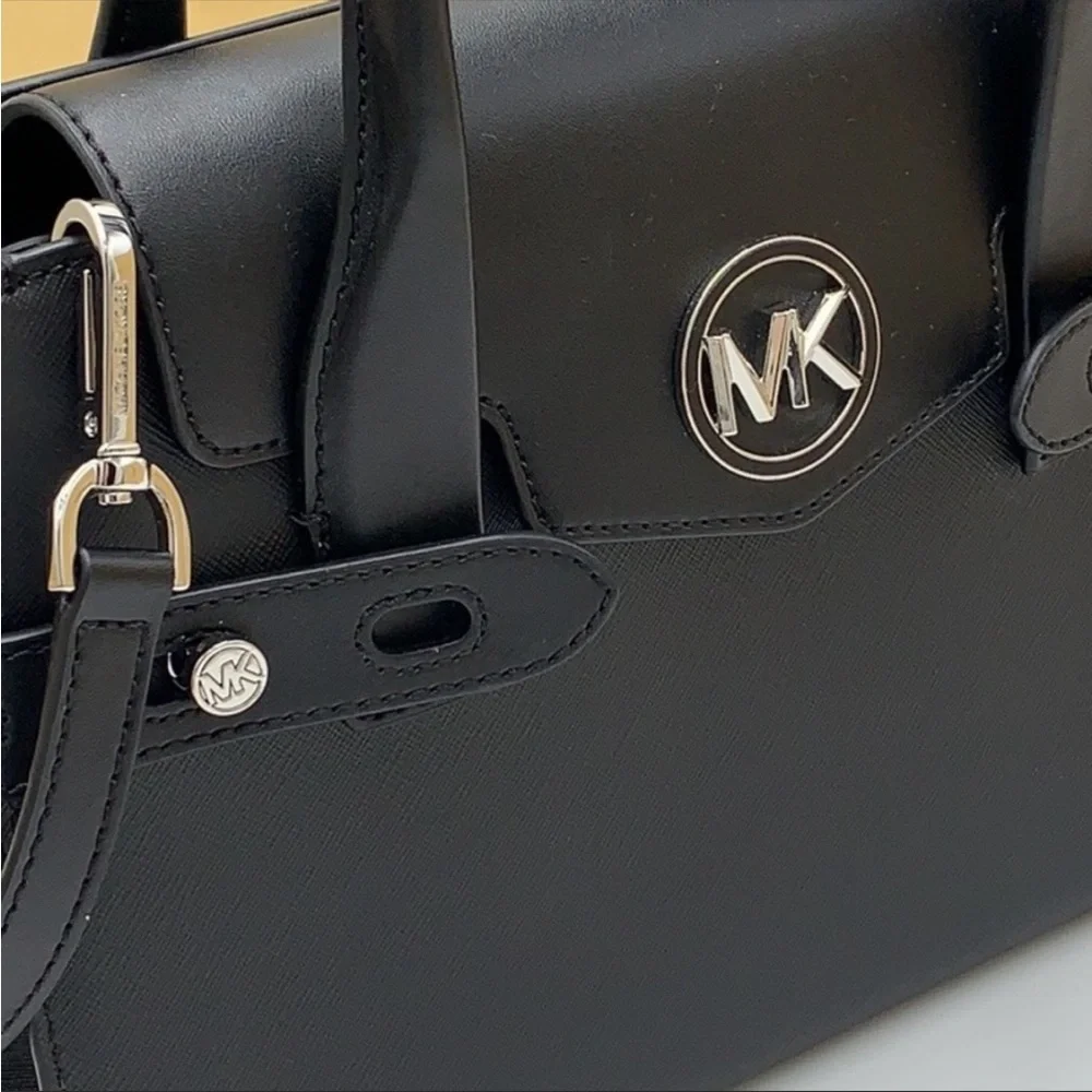 MICHAEL KORS Carmen Medium Faux Leather Belted Satchel Black Color